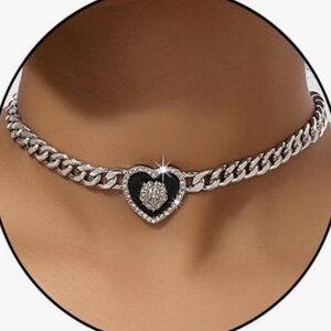 Silver BLING Heart Chain Choker Necklace with Black Enamel Accent